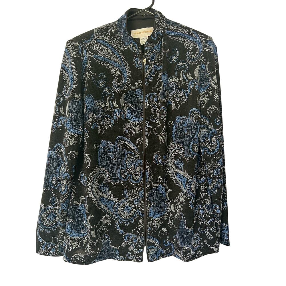 Jeanne Alexander Women’s Black & Blue Paisley Embellished Zip-Front Jacket Sz L